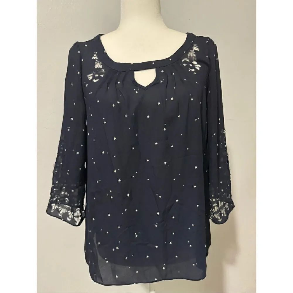 Maeve navy blue star print cutout blouse 2